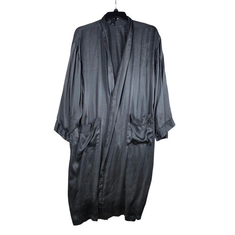 Murano Silk Robe Charcoal Gray Satin Long Loungewear OS Luxury MISSING BELT